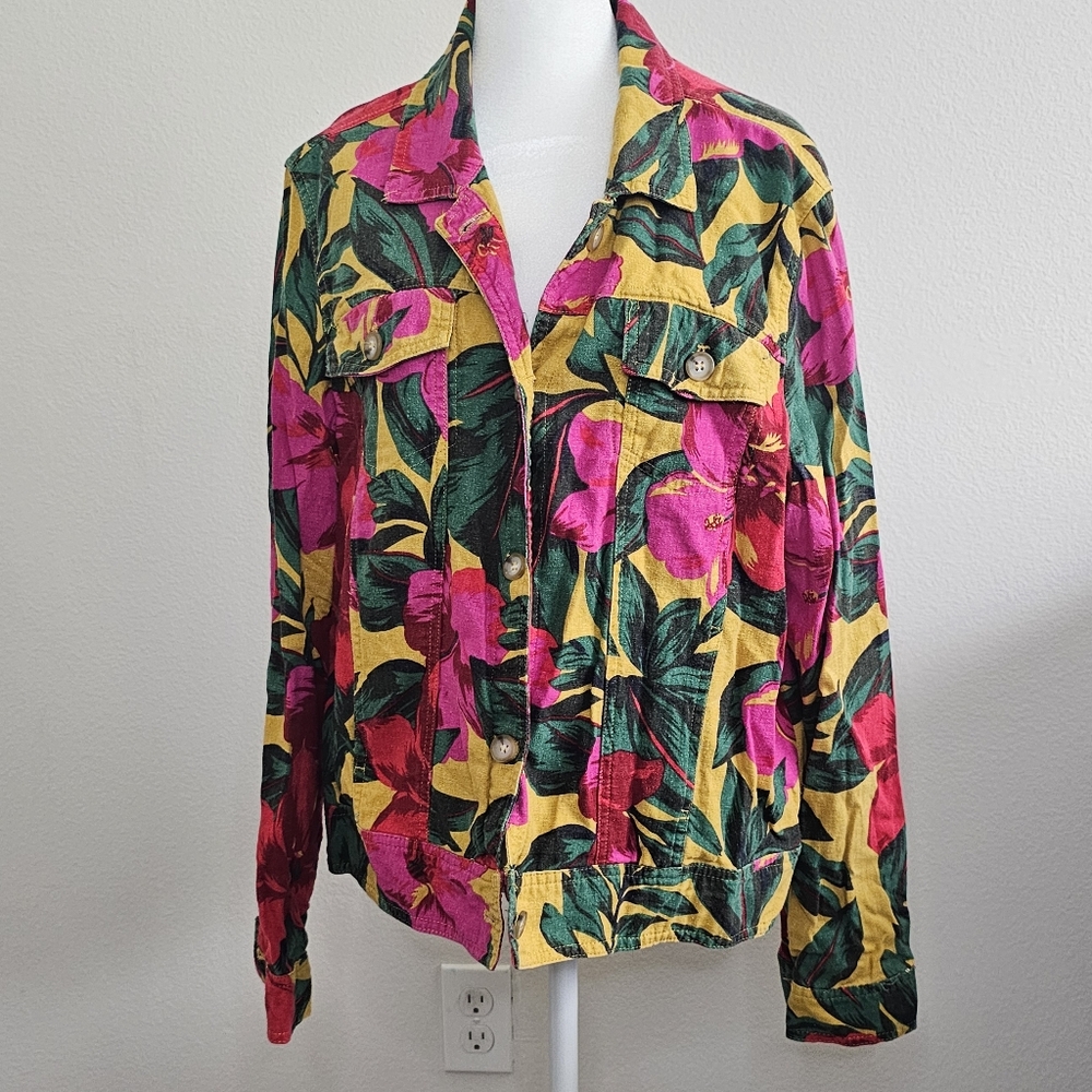 Cynthia Rowley Tropical Flower Printed Long Sleeve Button Down Blouse X-Large